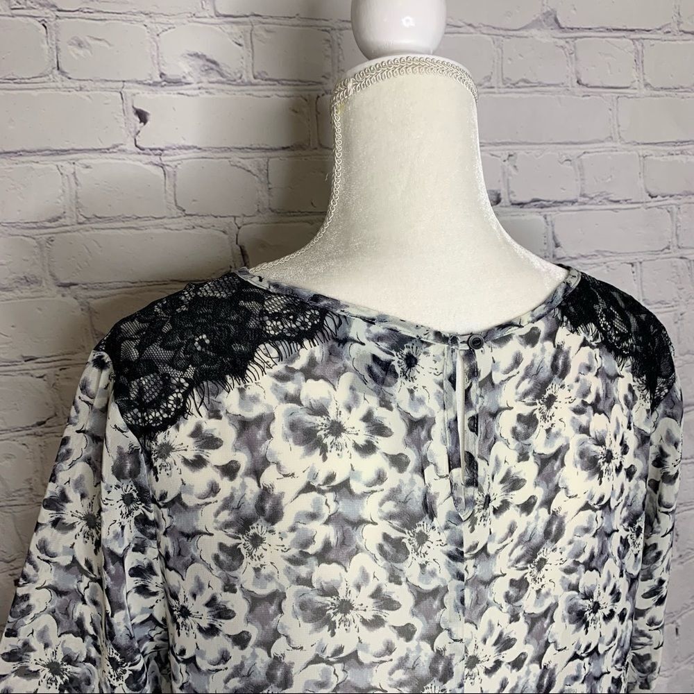 Lumiere Black and white floral semi-sheer lace shoulder long sleeve top - Picture 8 of 11